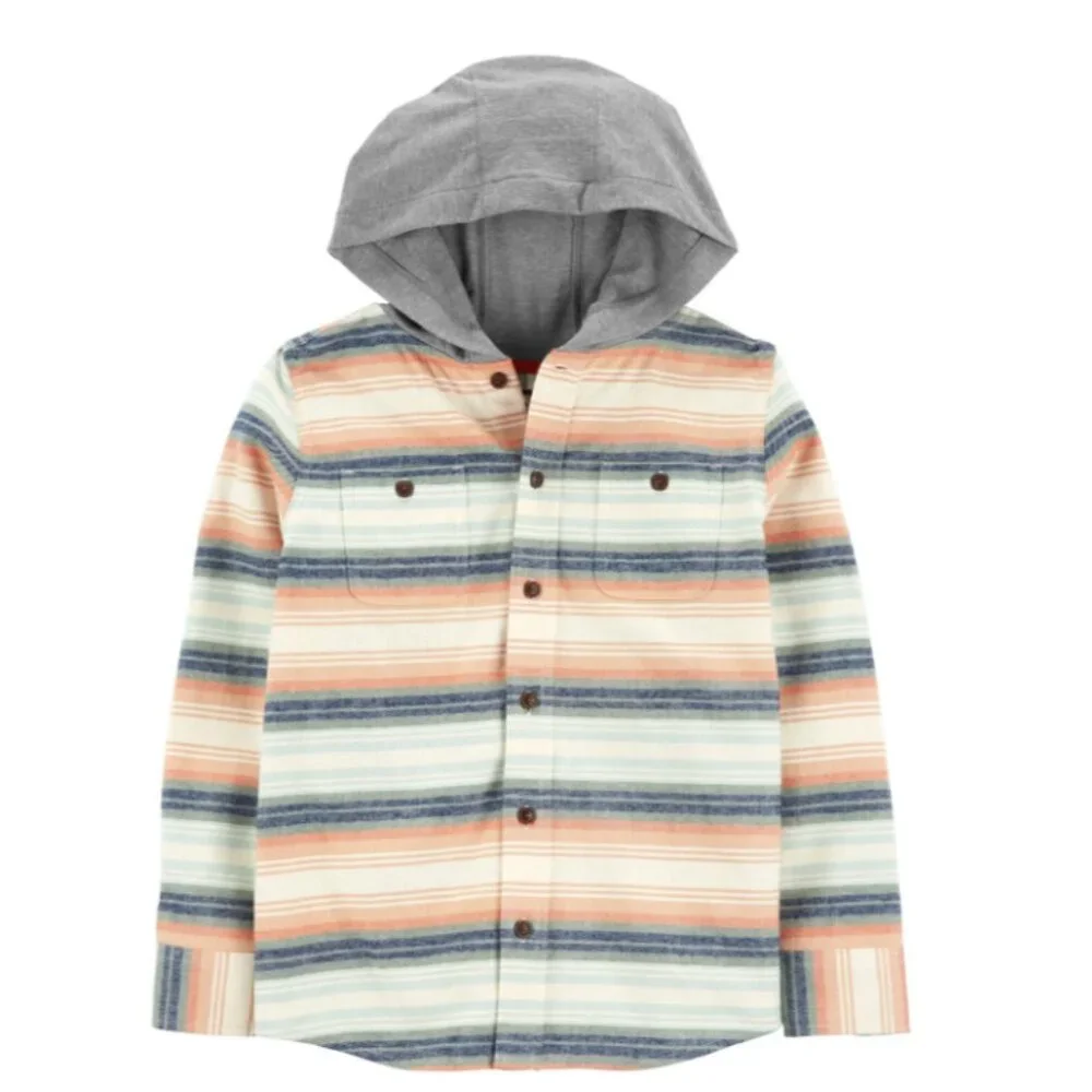 NWOT OshKosh B'Gosh Kid Cozy Flannel Hooded Top in Baja Stripe 3T Boys orange
